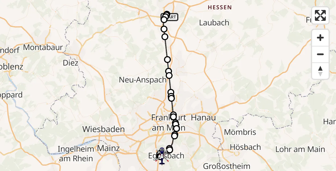 Flugroute Polizeihubschrauber Gießen - Flughafen Frankfurt-Egelsbach, 12 August 2026, 12:00