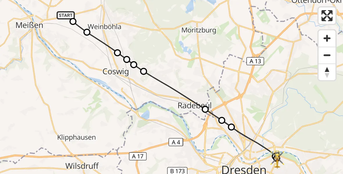 Flugroute Rettungshubschrauber Meißen - Dresden University Hospital, 12 August 2026, 12:01