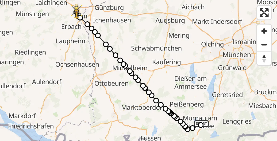 Flugroute Rettungshubschrauber Murnau Accident Hospital - ADAC Air Rescue Station Ulm (Christoph 22), 12 August 2026, 12:05