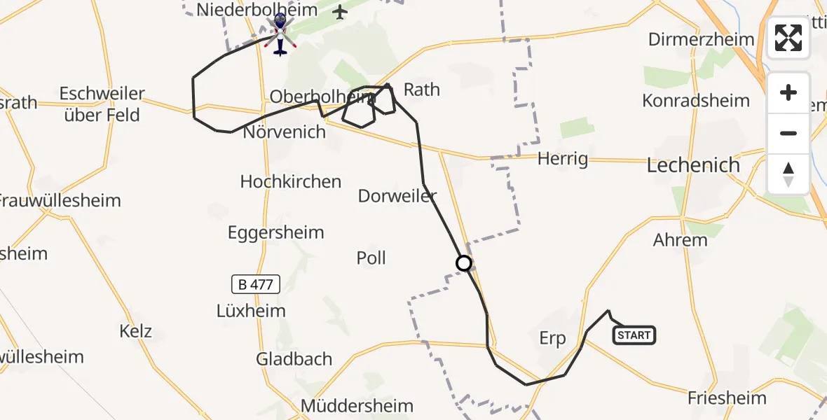Flugroute Polizeihubschrauber Erftstadt - Militärflugplatz Nörvenich, 12 August 2026, 12:06
