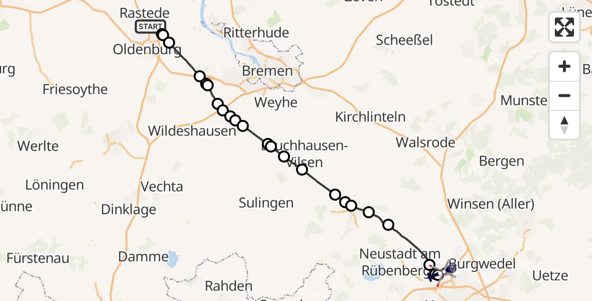 Flugroute Polizeihubschrauber Rastede - Flughafen Hannover, 12 August 2026, 12:06