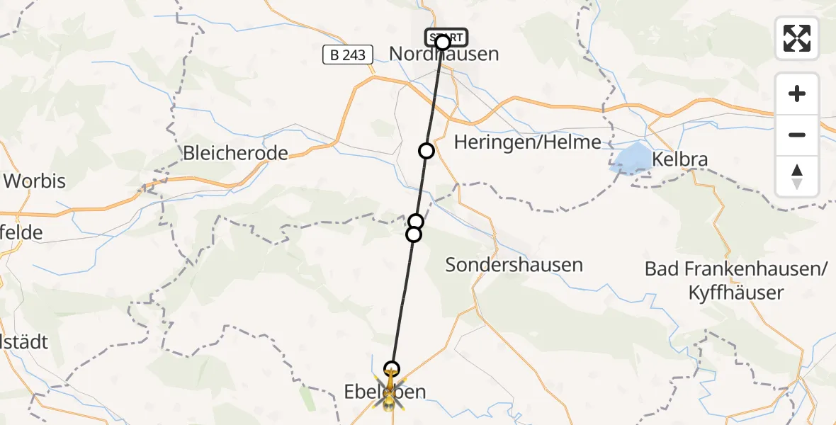 Flugroute Rettungshubschrauber Südharz Hospital Nordhausen - Ebeleben, 12 August 2026, 12:08