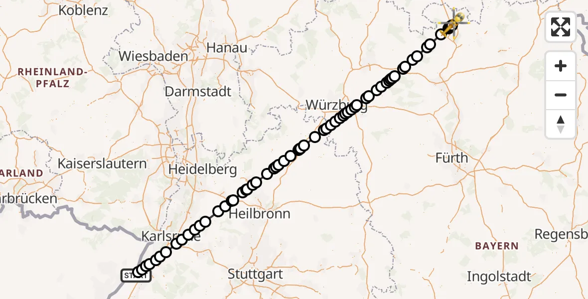 Flugroute Rettungshubschrauber Karlsruhe Baden-Baden Flughafen - Coburg-Brandensteinsebene Flugplatz, 12 August 2026, 12:09