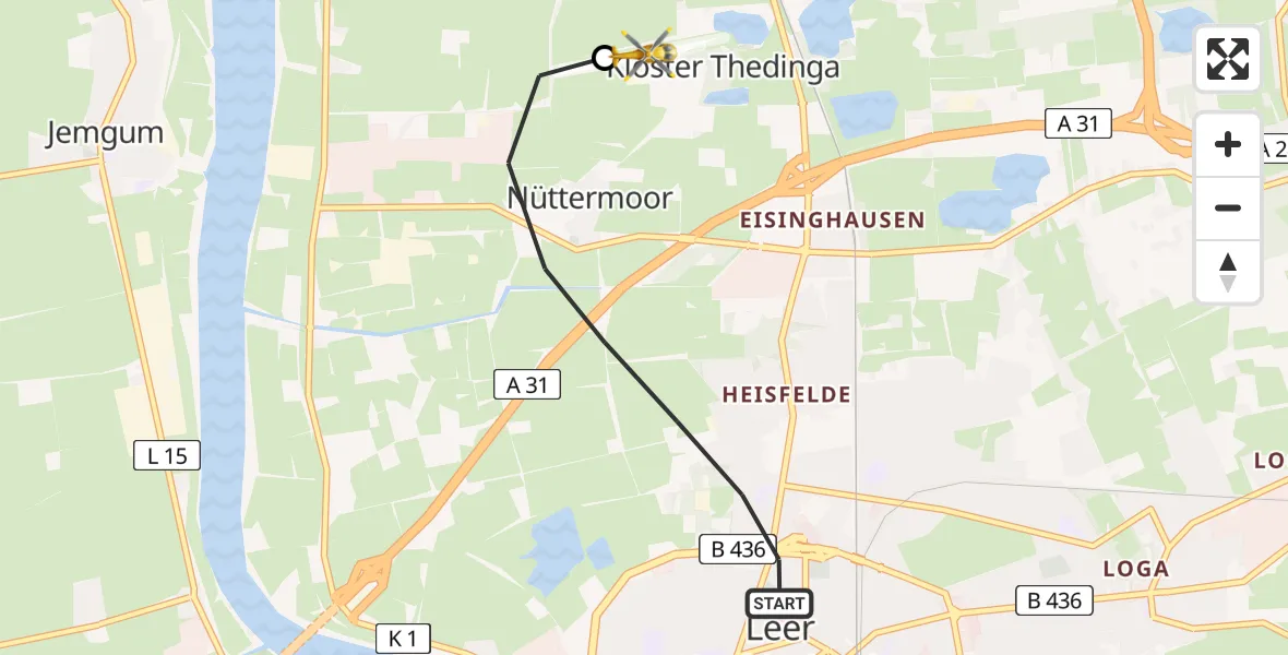 Flugroute Ambulanzhubschrauber Leer (Ostfriesland) - Flugplatz Leer-Papenburg, 12 August 2026, 12:12