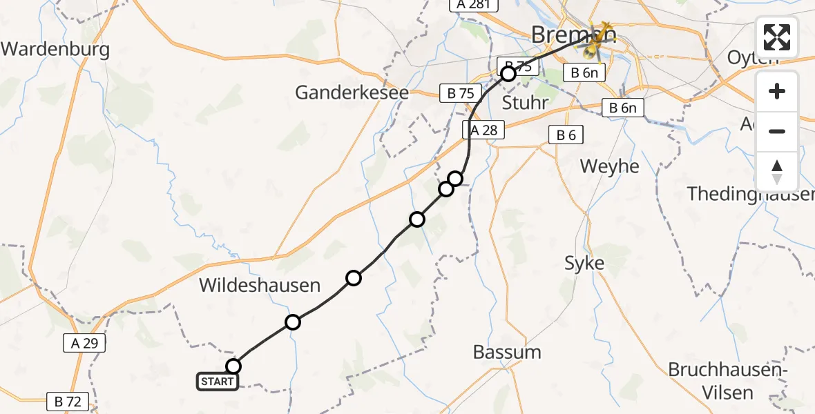 Flugroute Rettungshubschrauber Visbek - Bremen, 12 August 2026, 12:17