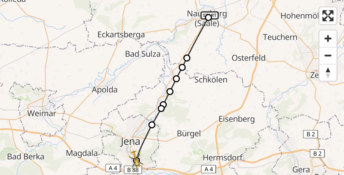 Flugroute Rettungshubschrauber Naumburg Hospital - Lobeda Hubschrauberlandeplatz, 12 August 2026, 12:17
