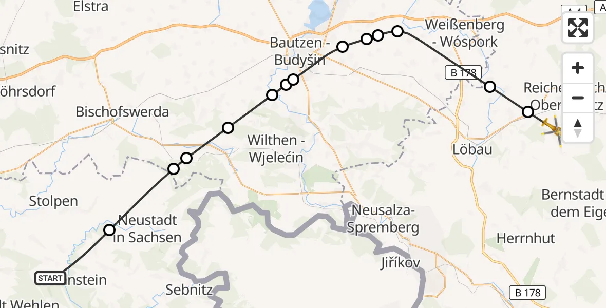 Flugroute Rettungshubschrauber Hohnstein - Reichenbach/O.L., 12 August 2026, 12:20