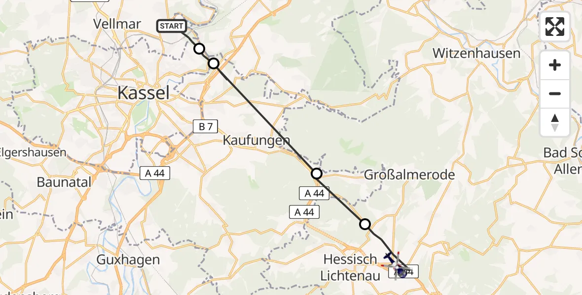 Flugroute Polizeihubschrauber Fuldatal - Hessisch Lichtenau, 12 August 2026, 12:20