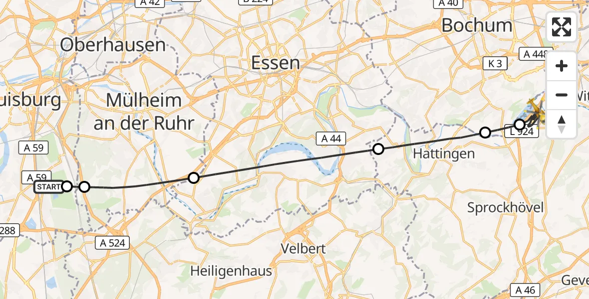 Flugroute Rettungshubschrauber Duisburg Air Rescue Hubschrauberlandeplatz (Christoph 9) - Witten, 12 August 2026, 12:23