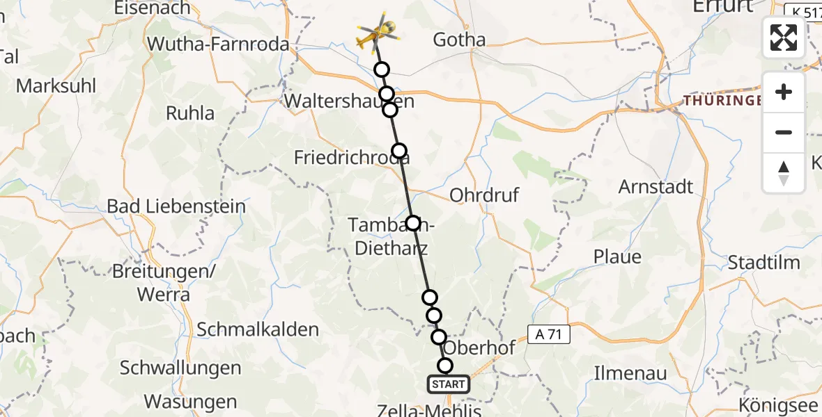 Flugroute Rettungshubschrauber Zella-Mehlis - Hörsel, 12 August 2026, 12:26