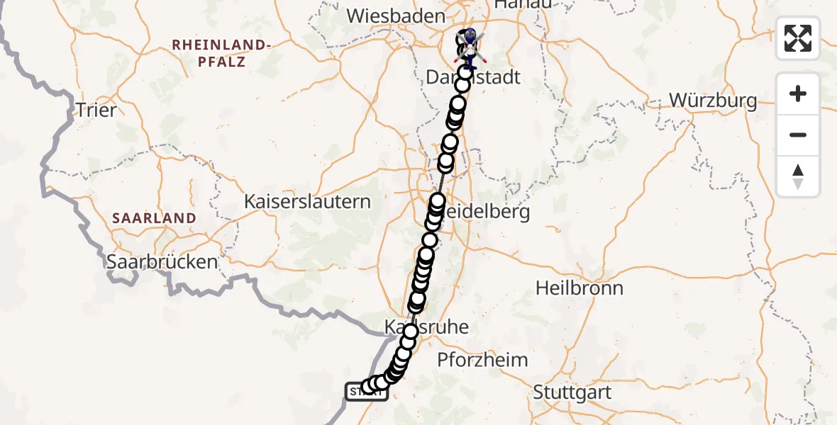 Flugroute Polizeihubschrauber Karlsruhe Baden-Baden Flughafen - Flughafen Frankfurt-Egelsbach, 12 August 2026, 12:35