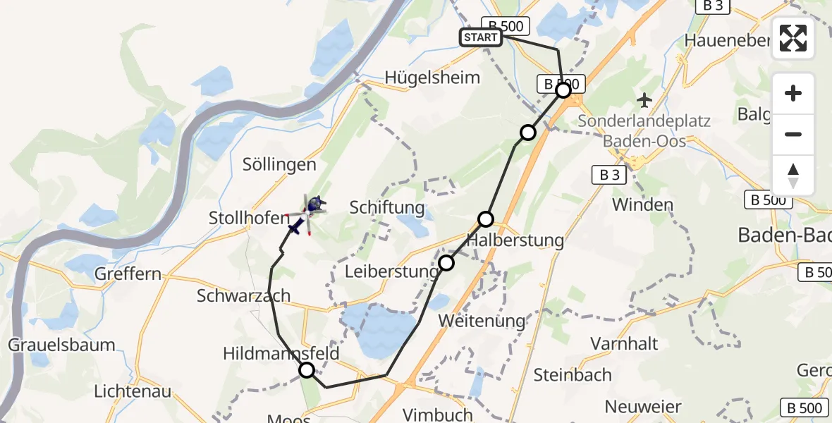Flugroute Polizeihubschrauber Iffezheim - Rheinmünster, 12 August 2026, 12:36
