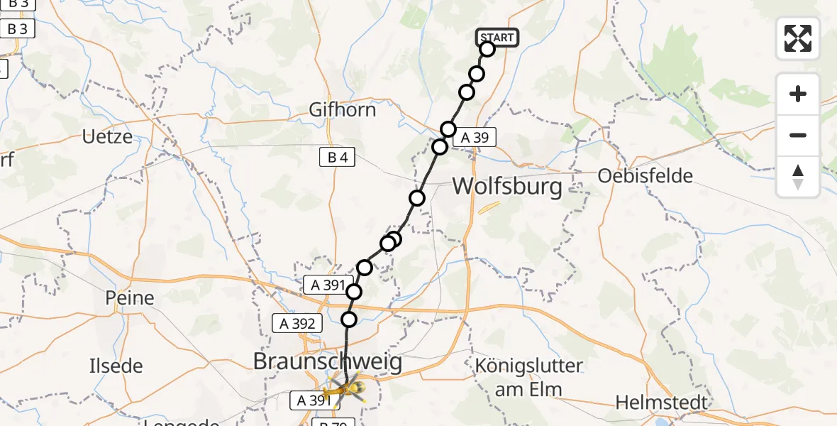 Flugroute Rettungshubschrauber Ehra-Lessien - Braunschweig, 12 August 2026, 12:38
