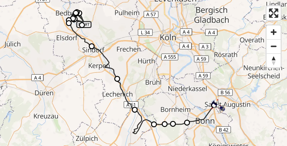 Flugroute Polizeihubschrauber Bergheim - Sankt Augustin, 12 August 2026, 12:41