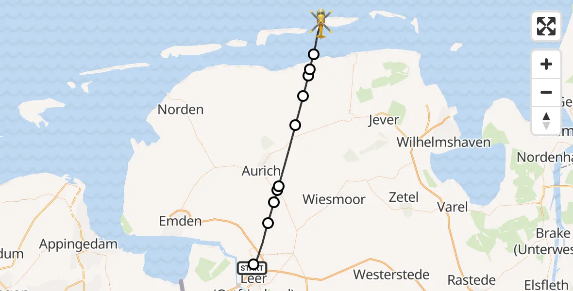 Flugroute Ambulanzhubschrauber Leer (Ostfriesland) - Noordzee, 12 August 2026, 12:53