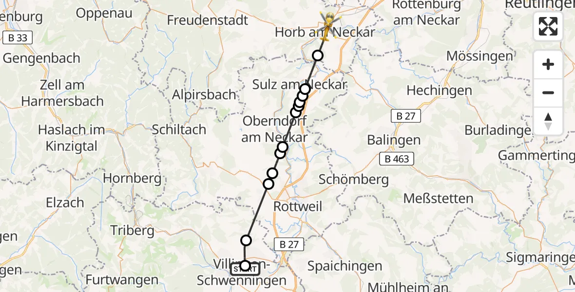 Flugroute Ambulanzhubschrauber DRF Air Rescue Station Villingen-Schwenningen Hubschrauberlandeplatz (Christoph 11) - Horb am Neckar, 12 August 2026, 12:53