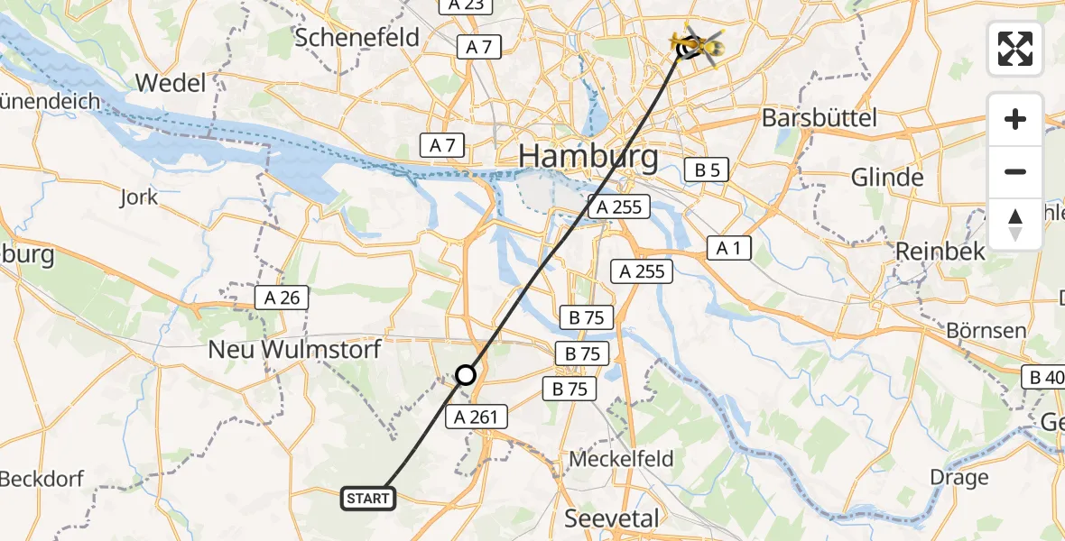 Flugroute Rettungshubschrauber Rosengarten - Hamburg Military Hospital, 12 August 2026, 12:54