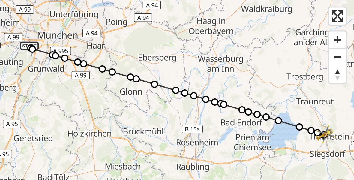 Flugroute Rettungshubschrauber DRF Air Rescue München Hubschrauberlandeplatz - Traunstein Hospital, 12 August 2026, 12:59
