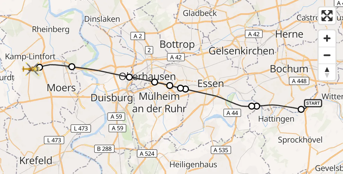 Flugroute Rettungshubschrauber Witten - Kamp-Lintfort, 12 August 2026, 13:00