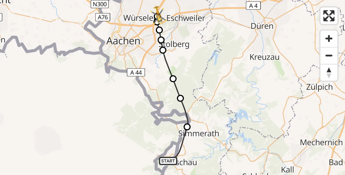 Flugroute Rettungshubschrauber Monschau - Aachen-Merzbrück Flughafen, 12 August 2026, 13:03
