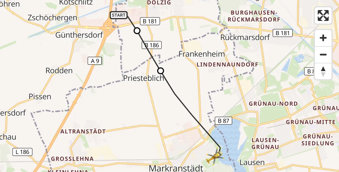 Flugroute Rettungshubschrauber ADAC Air Rescue Station Leipzig/Schkeuditz-Dölzig Hubschrauberlandeplatz (Christoph 61) - Markranstädt, 12 August 2026, 13:09