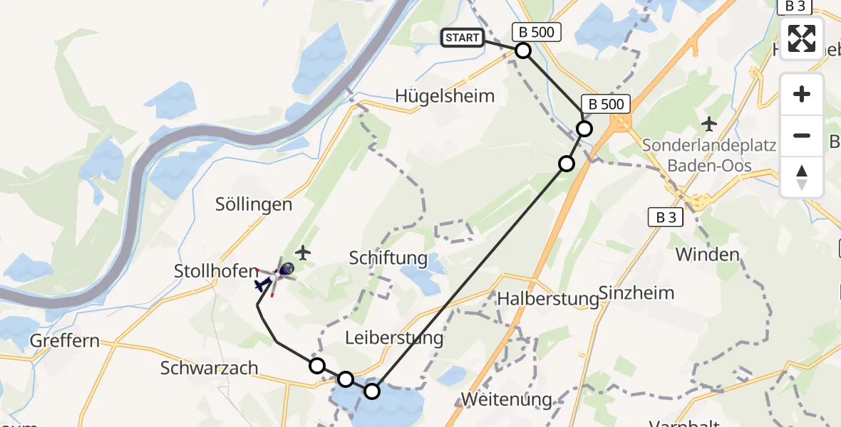 Flugroute Polizeihubschrauber Hügelsheim - Rheinmünster, 12 August 2026, 13:16