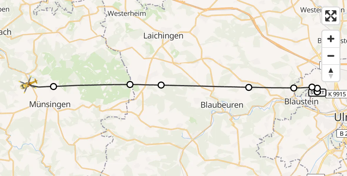 Flugroute Rettungshubschrauber Ulm Military Hospital Emergency - Münsingen, 12 August 2026, 13:23