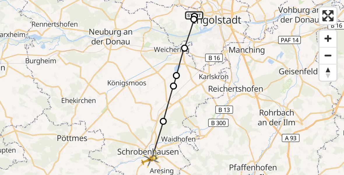 Flugroute Rettungshubschrauber Ingolstadt Hospital - Schrobenhausen, 12 August 2026, 13:23