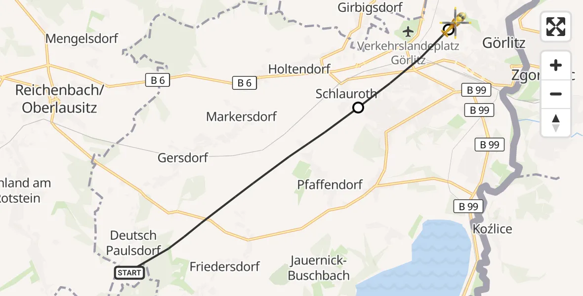 Flugroute Rettungshubschrauber Markersdorf - Görlitz Hospital, 12 August 2026, 13:24