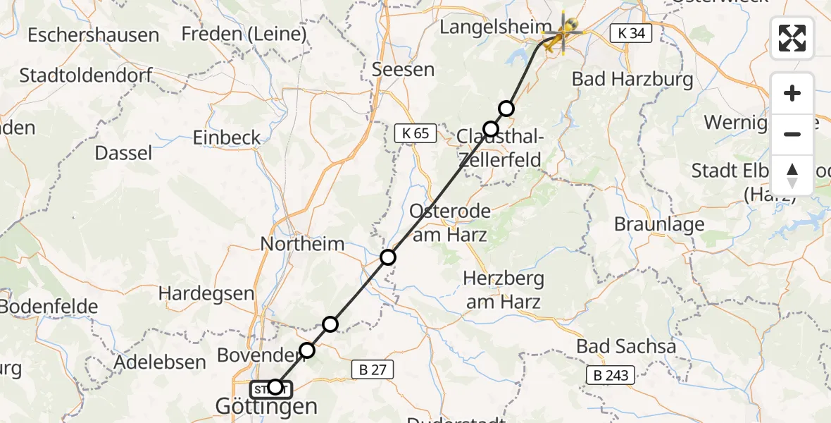 Flugroute Rettungshubschrauber Göttingen University Clinic Hubschrauberlandeplatz - Goslar, 12 August 2026, 13:25