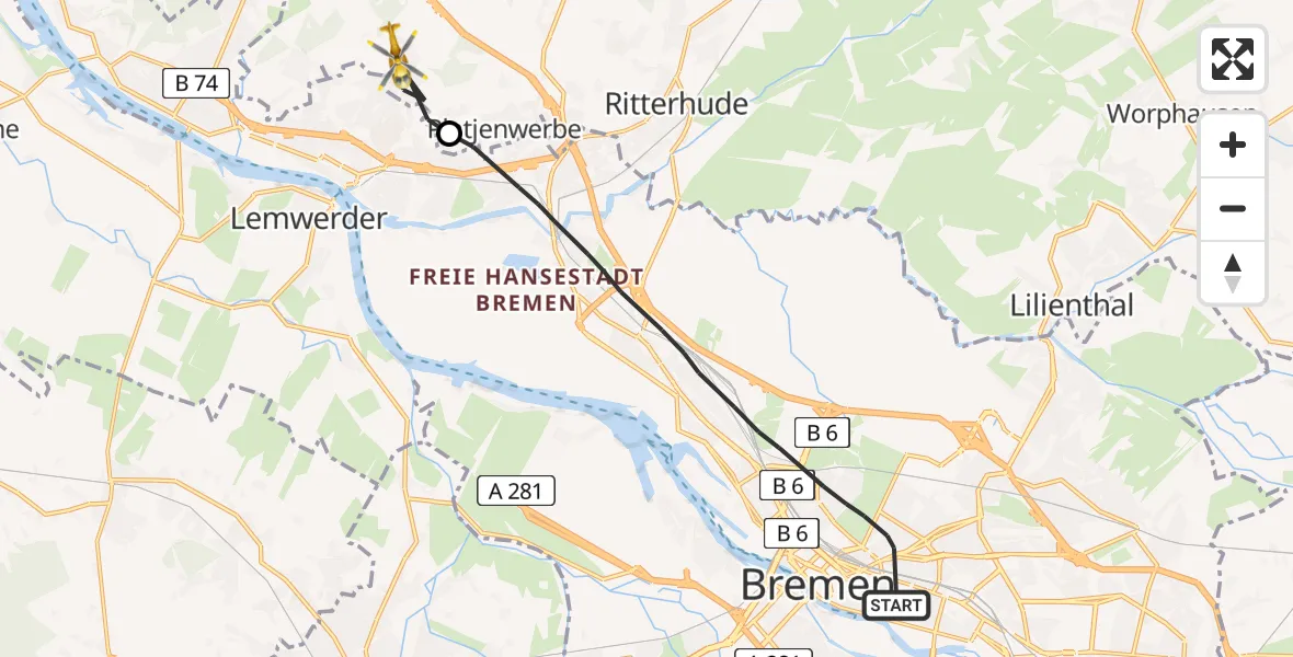Flugroute Rettungshubschrauber Bremen - Schwanewede, 12 August 2026, 13:27