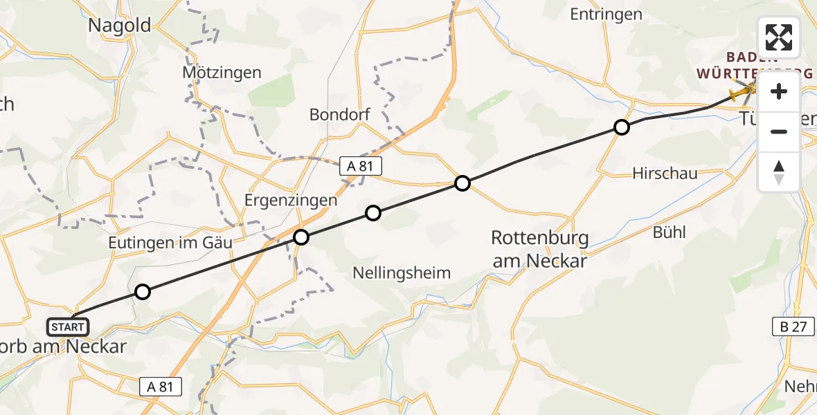 Flugroute Ambulanzhubschrauber Horb am Neckar - Tübingen University Hospital, 12 August 2026, 13:28