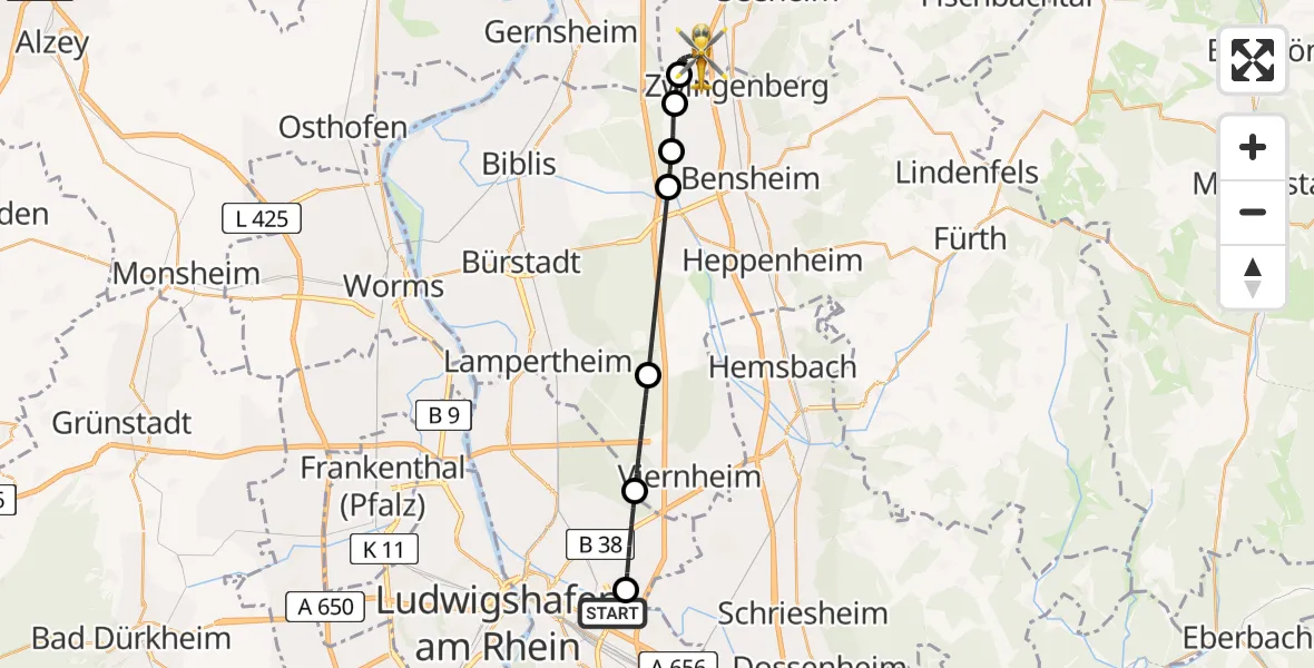 Flugroute Rettungshubschrauber Mannheim-City Flughafen - Alsbach-Hähnlein, 12 August 2026, 13:31