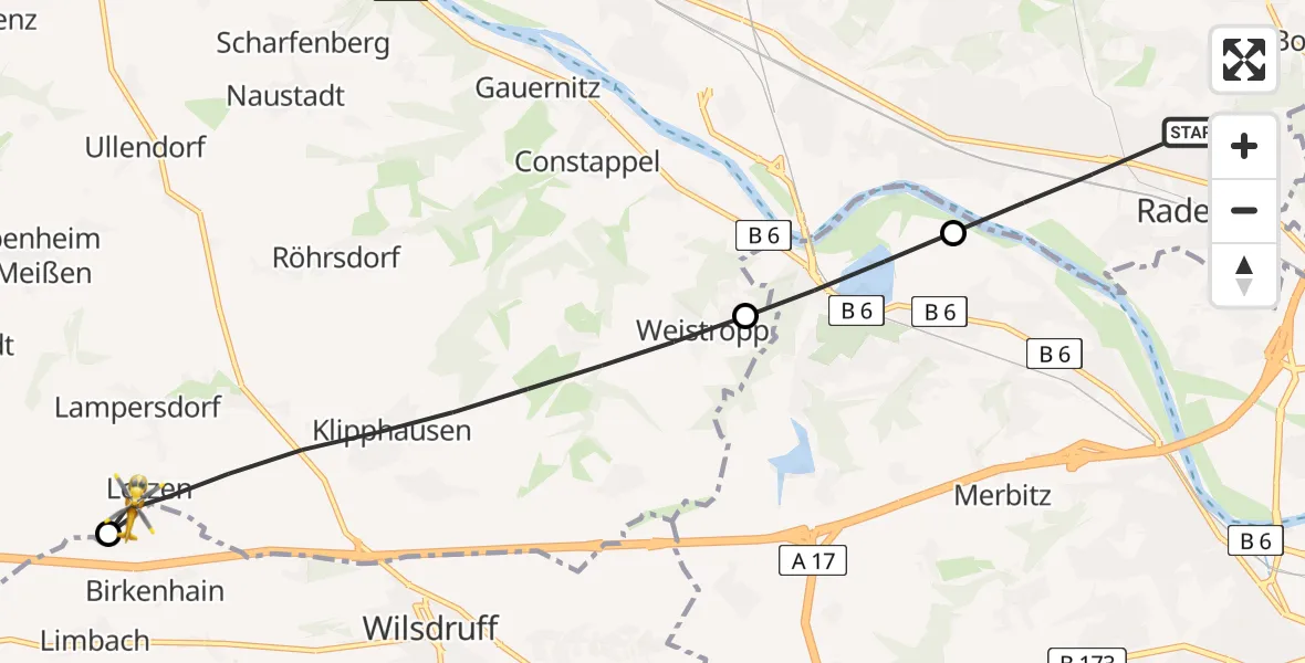 Flugroute Rettungshubschrauber Radebeul - Klipphausen, 12 August 2026, 13:38