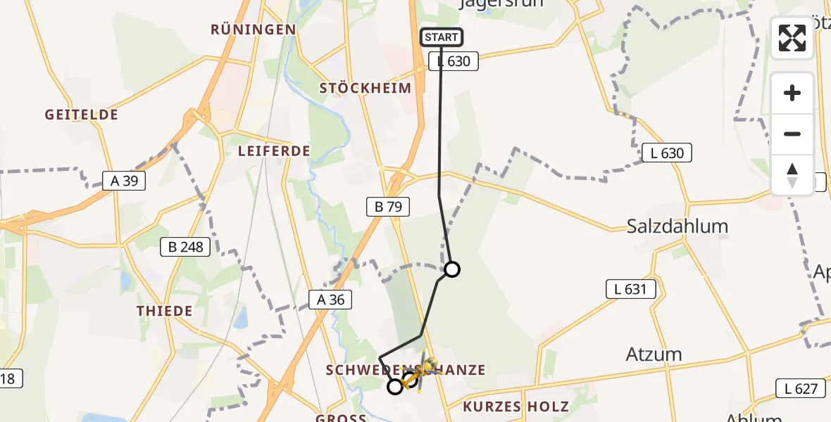 Flugroute Rettungshubschrauber Braunschweig - Wolfenbüttel Municipal Hospital Heliport (Christoph 30), 12 August 2026, 13:38