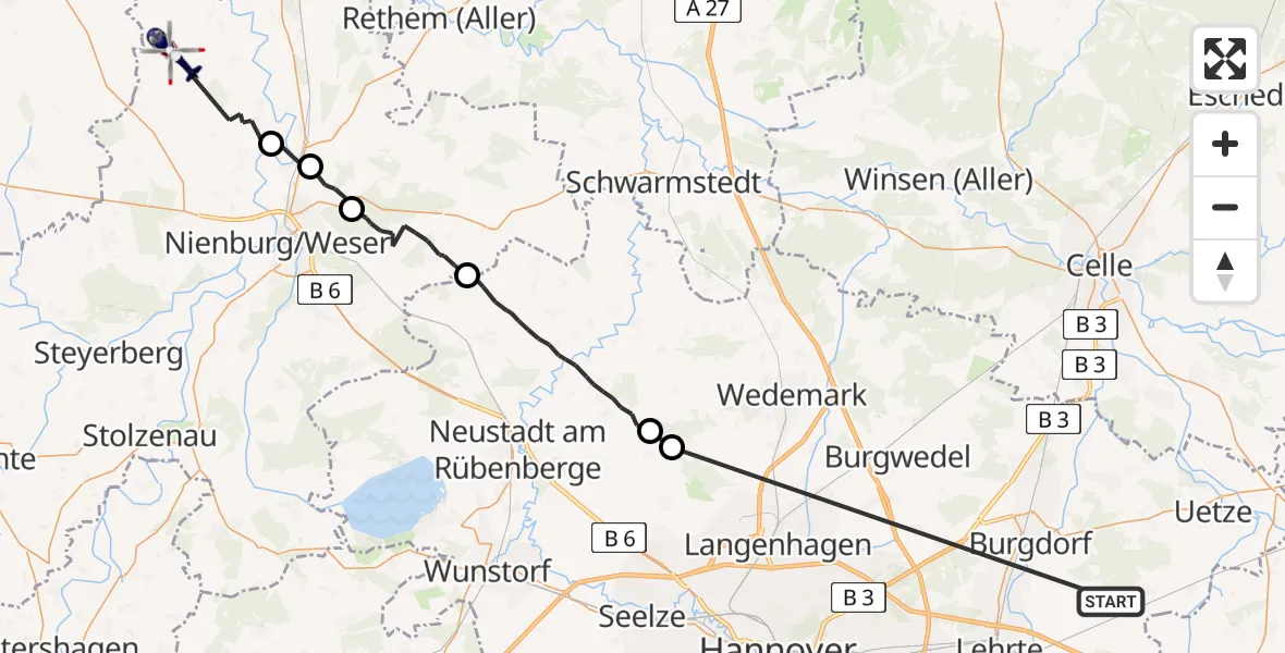 Flugroute Polizeihubschrauber Lehrte - Warpe, 12 August 2026, 13:38