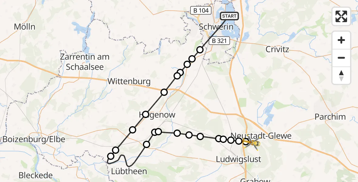 Flugroute Rettungshubschrauber Schwerin - Neustadt-Glewe, 12 August 2026, 13:37