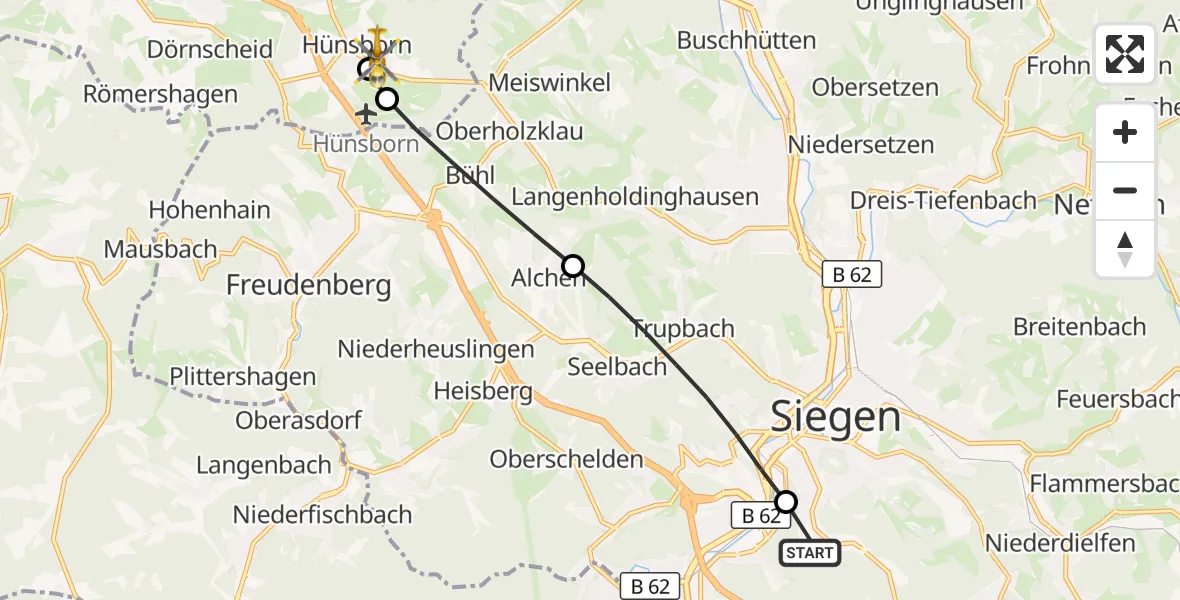 Flugroute Rettungshubschrauber Evangelisches Jung-Stilling Hospital - Wenden, 12 August 2026, 13:49