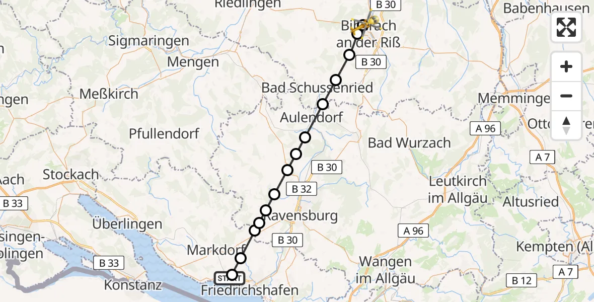 Flugroute Rettungshubschrauber Friedrichshafen Hospital - Sana Clinic Biberach District Hospital, 12 August 2026, 13:50