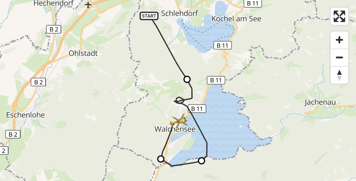 Flugroute Rettungshubschrauber Schlehdorf - Kochel a.See, 12 August 2026, 13:54