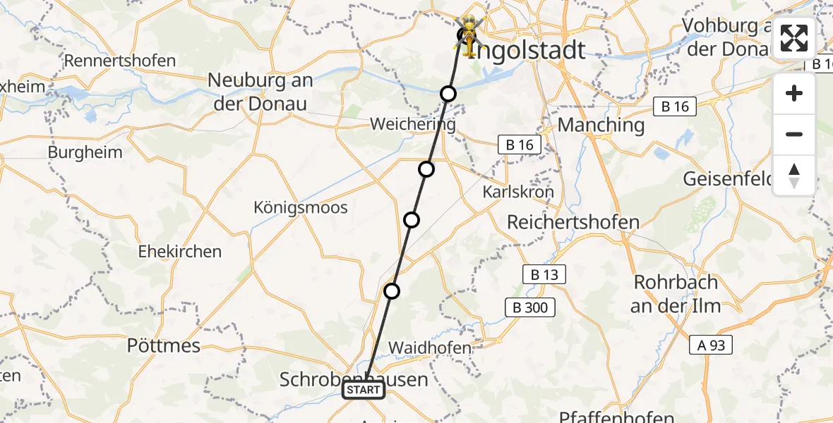 Flugroute Rettungshubschrauber Schrobenhausen - Ingolstadt Hospital, 12 August 2026, 13:57