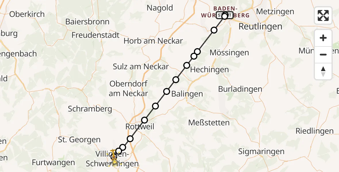 Flugroute Ambulanzhubschrauber Tübingen University Hospital - DRF Air Rescue Station Villingen-Schwenningen Hubschrauberlandeplatz (Christoph 11), 12 August 2026, 13:59