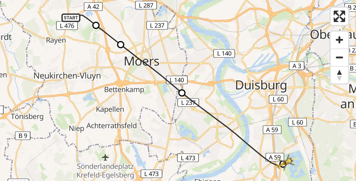 Flugroute Rettungshubschrauber Kamp-Lintfort - Duisburg Air Rescue Hubschrauberlandeplatz (Christoph 9), 12 August 2026, 14:04
