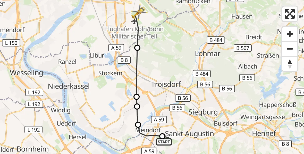 Flugroute Rettungshubschrauber Bonn-Hangelar Flugplatz - Köln Bonn Flughafen, 12 August 2026, 14:04
