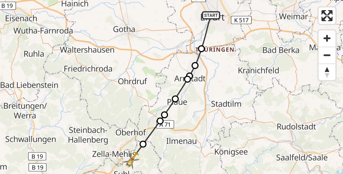 Flugroute Rettungshubschrauber Erfurt - Suhl, 12 August 2026, 14:05