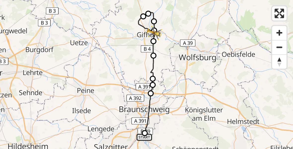 Flugroute Rettungshubschrauber Wolfenbüttel - Gifhorn, 12 August 2026, 14:06