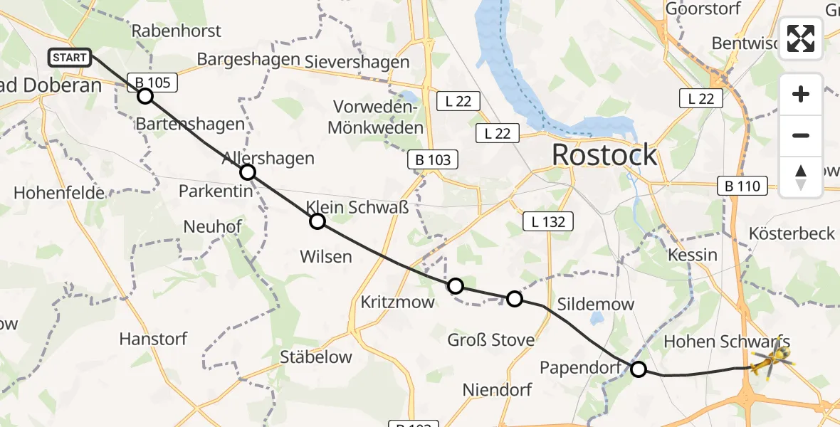 Flugroute Ambulanzhubschrauber Bad Doberan - Dummerstorf, 12 August 2026, 14:06