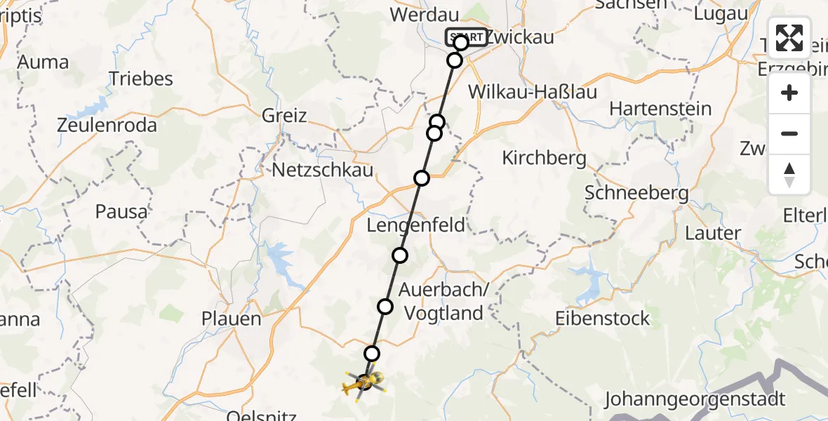 Flugroute Rettungshubschrauber ADAC Air Rescue Station Zwickau Hubschrauberlandeplatz - Werda, 12 August 2026, 14:12