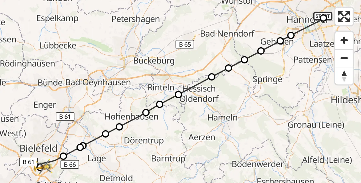 Flugroute Rettungshubschrauber Hannover Luftrettung Hubschrauberlandeplatz (Christoph 4) - Bielefeld Flughafen, 12 August 2026, 14:14