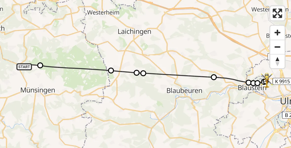 Flugroute Rettungshubschrauber Bad Urach - Ulm Military Hospital Emergency, 12 August 2026, 14:16